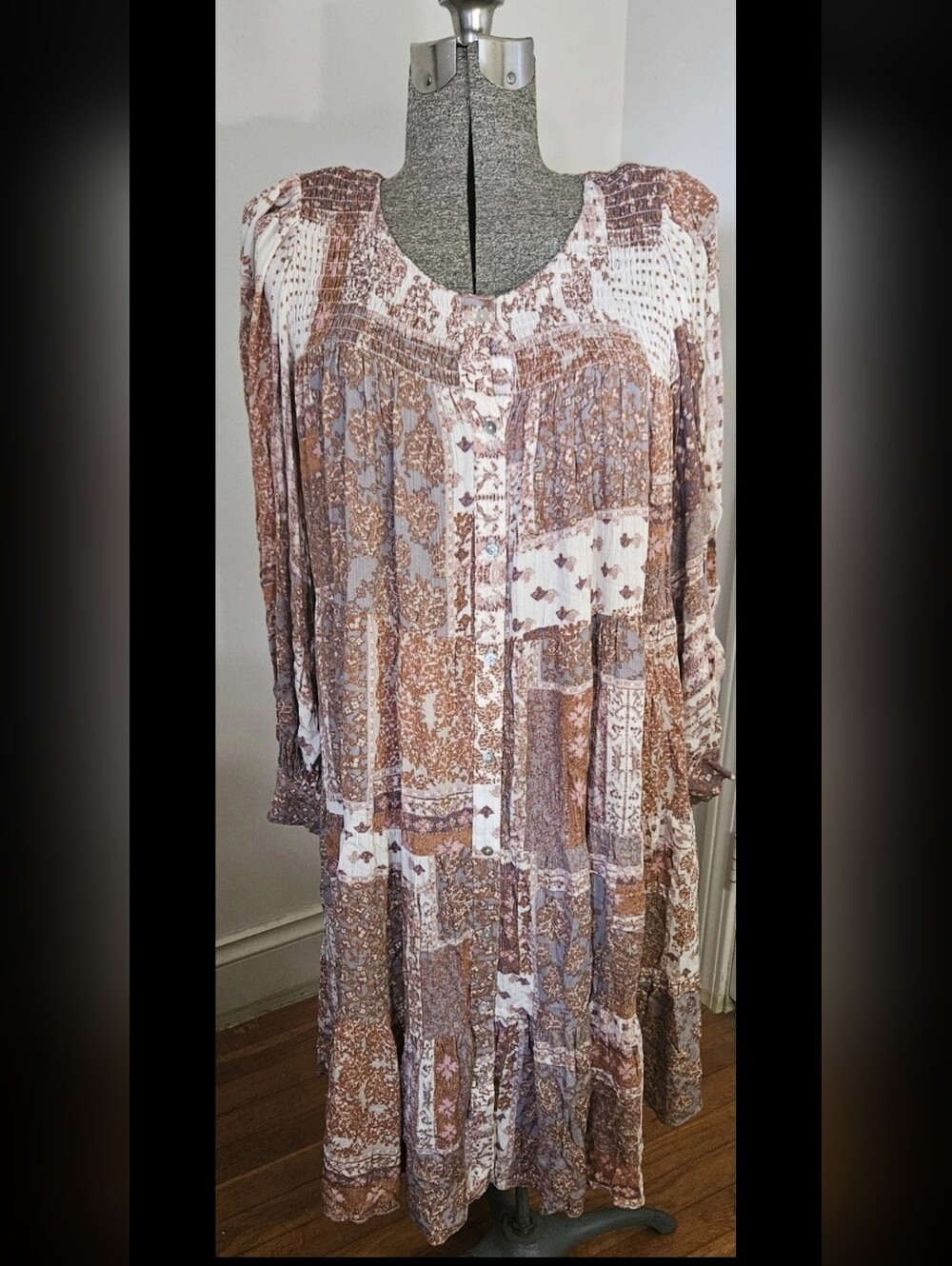 Olivaceous Women's Patchwork Tiered Midi Dress Boho Earthy Size Small NWT